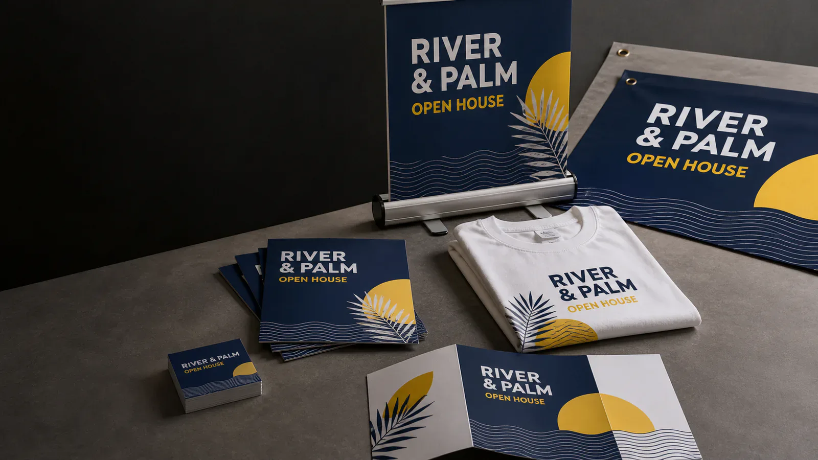 Coordinated fictional business campaign shown across cards, flyers, apparel, a vinyl banner and a retractable display