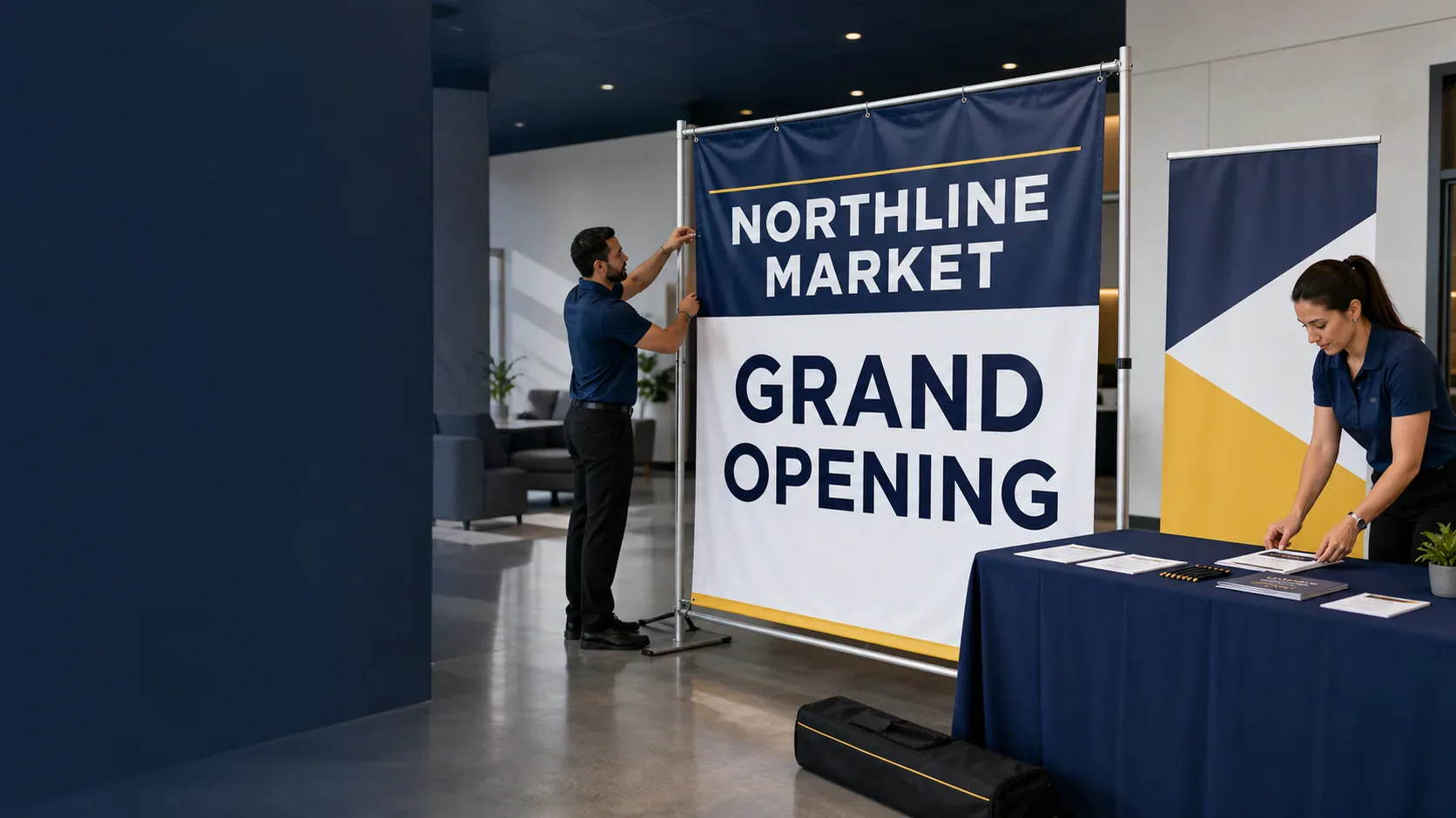 Team preparing a printed vinyl banner and retractable display for a business event