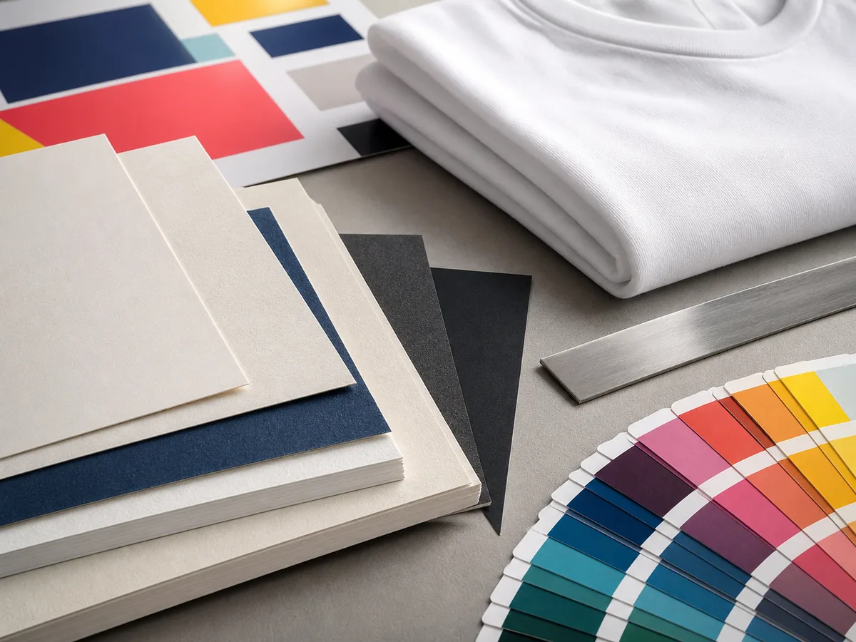 Paper stocks, color swatches and blank shirts prepared for a custom printing project